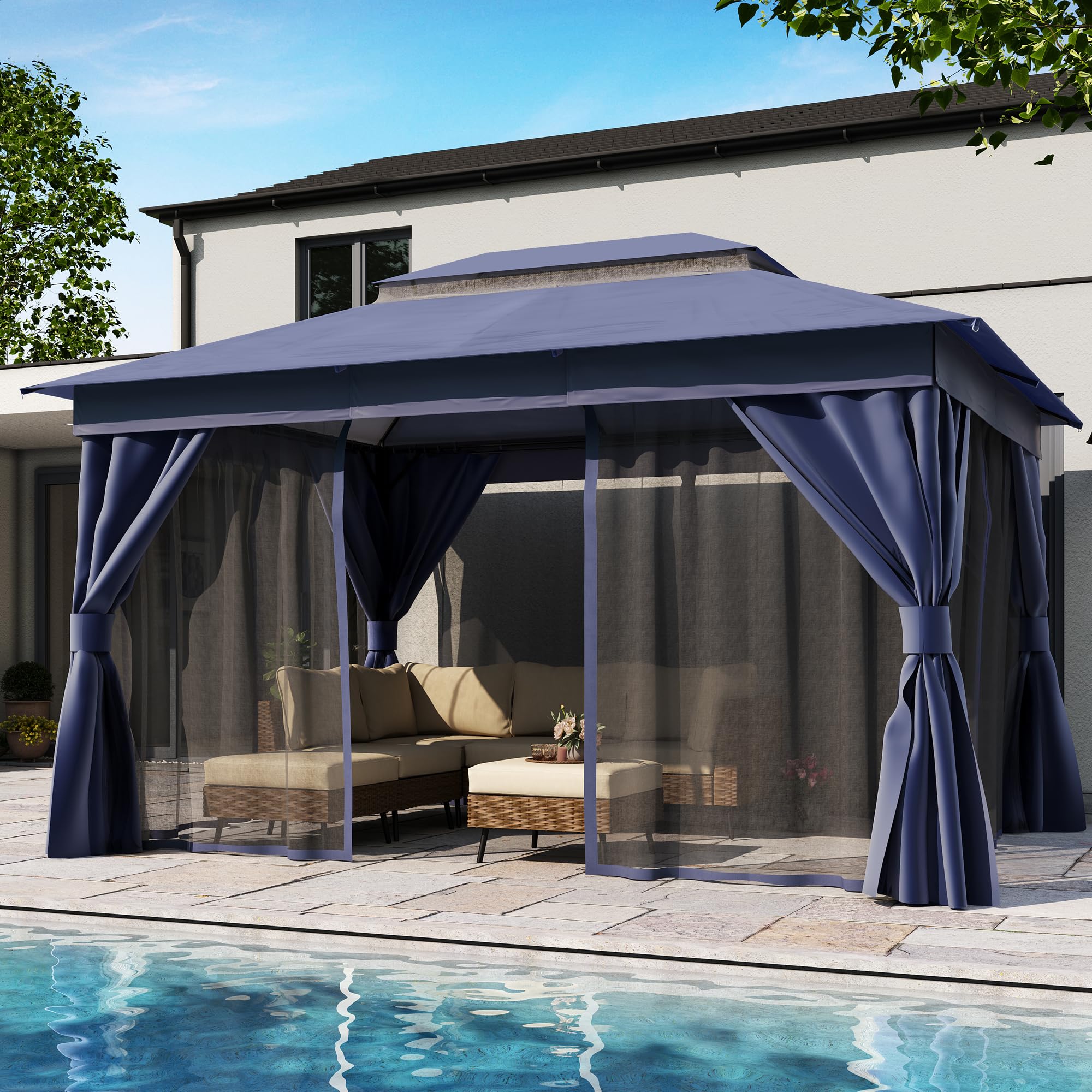 Lausaint Home Outdoor Patio Gazebo 10'X13' With Expansion Bolts, Heavy Duty Gazebos Shelter Party Tent With Double Roofs, Mosquito Nettings And Privacy Screens For Backyard, Garden, Lawn, Navy Blue