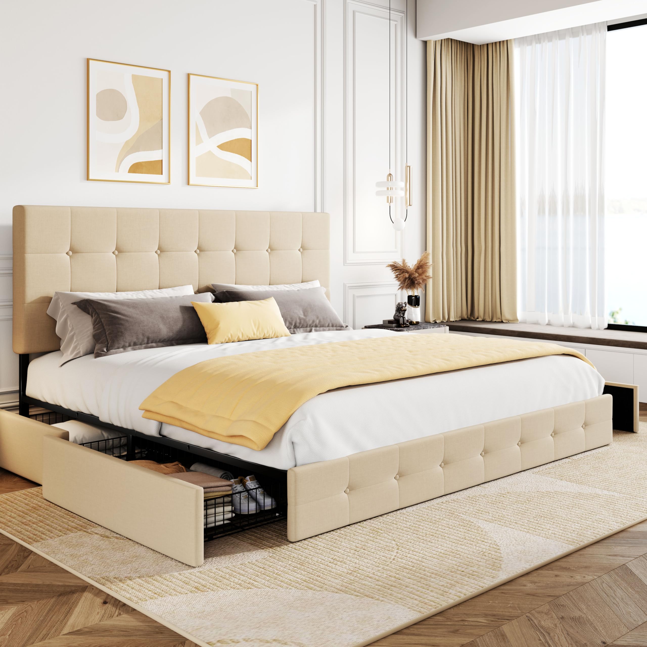 SHA CERLIN Upholstered King Size Platform Bed Frame with Adjustable Headboard and 4 Drawers Under Bed Storage, No Box Spring Nee