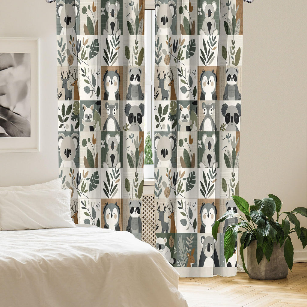 Ambesonne Animals Window Curtains Pack Of 2, Cartoon Woodland Art With Exotic Leaves Koala And Deer Pattern Checkered, Lightweig
