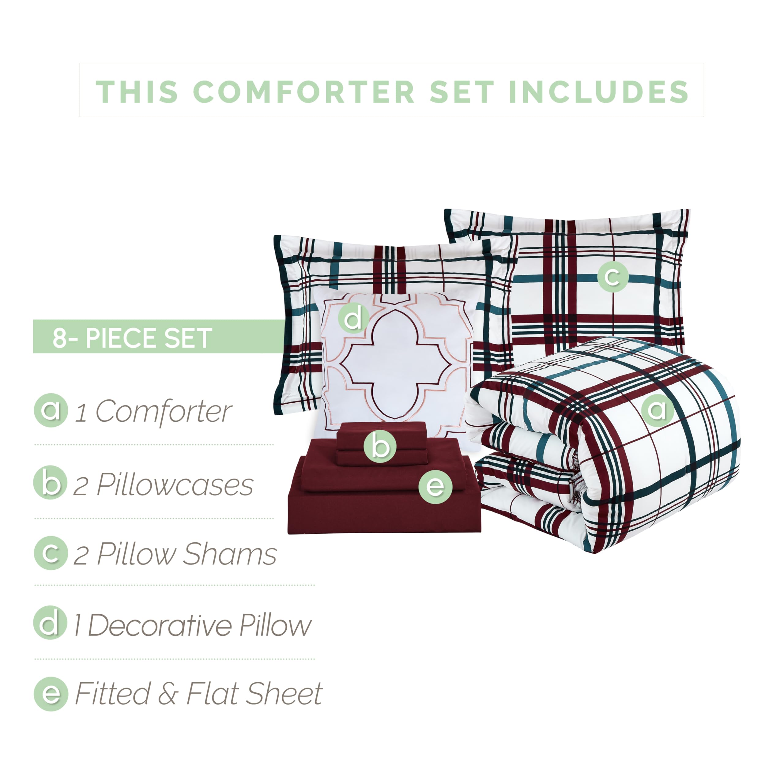 Elegant Comfort 8- Piece Lodge Plaid Reversible Comforter Set Bed-In-A-Bag Set - Silky Soft Complete Set Includes Bed Sheet Set With Double Sided Storage Pockets, Full/Queen, Burguundy