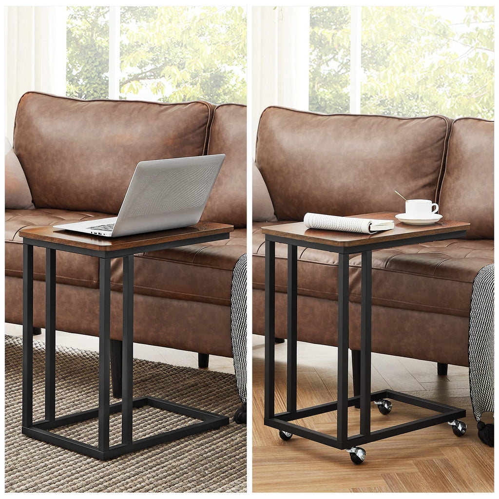 Vasagle End Table, C Shaped Tv Tray With Metal Frame Rolling Casters, Industrial Side Table For Living Room Bedroom, 19.7 X 13.8 X 23.6 Inches, Dark Walnut And Black