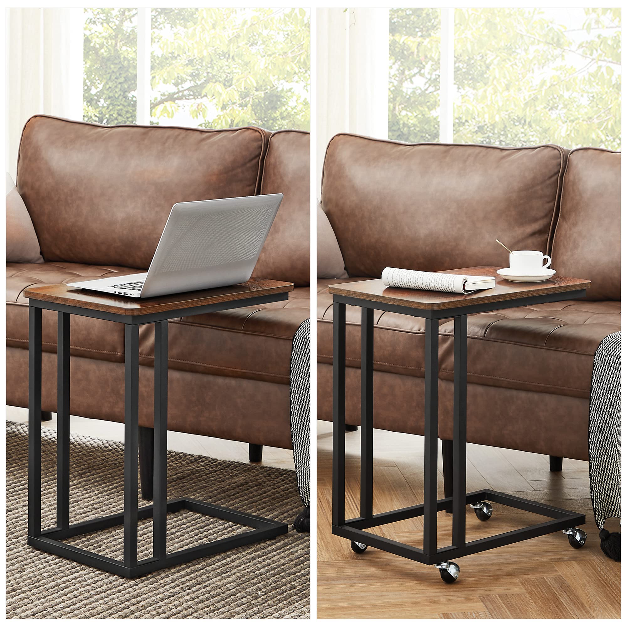 Vasagle End Table, C Shaped Tv Tray With Metal Frame Rolling Casters, Industrial Side Table For Living Room Bedroom, 19.7 X 13.8 X 23.6 Inches, Dark Walnut And Black