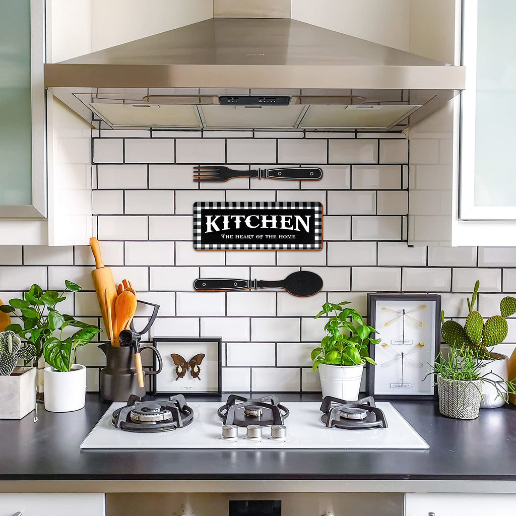 Kitchen Sign Set Kitchen Wall Decor The Heart Of The Home Sign Wood Rustic Buffalo Plaid Kitchen Decoration Fork And Spoon Farmh