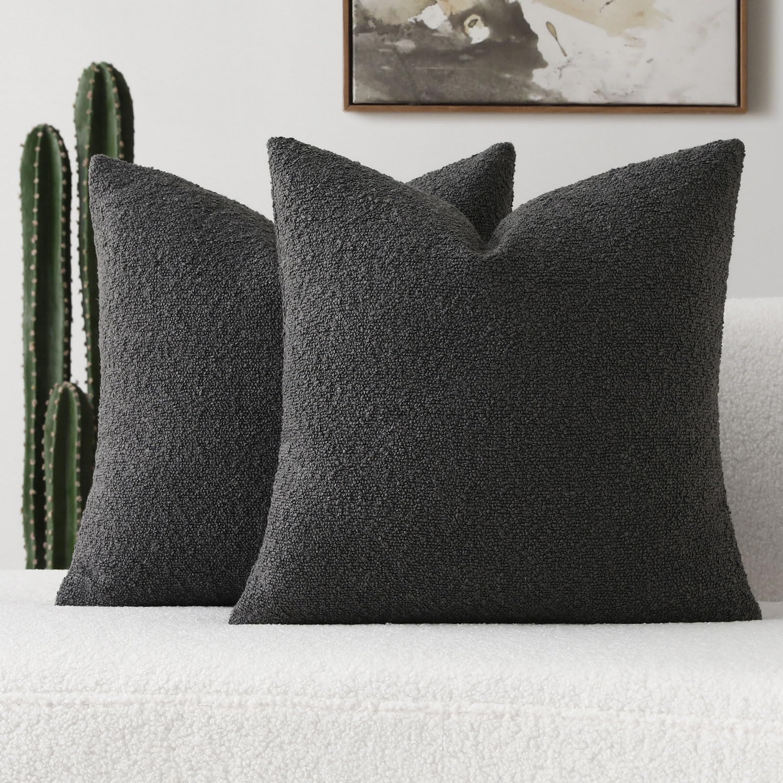 Futei Pack Of 2 Dark Grey Boucle Accent Decorative Throw Pillow Covers,20X20 Inch Soft Solid Textured Cushion Case,Home Decor Fo