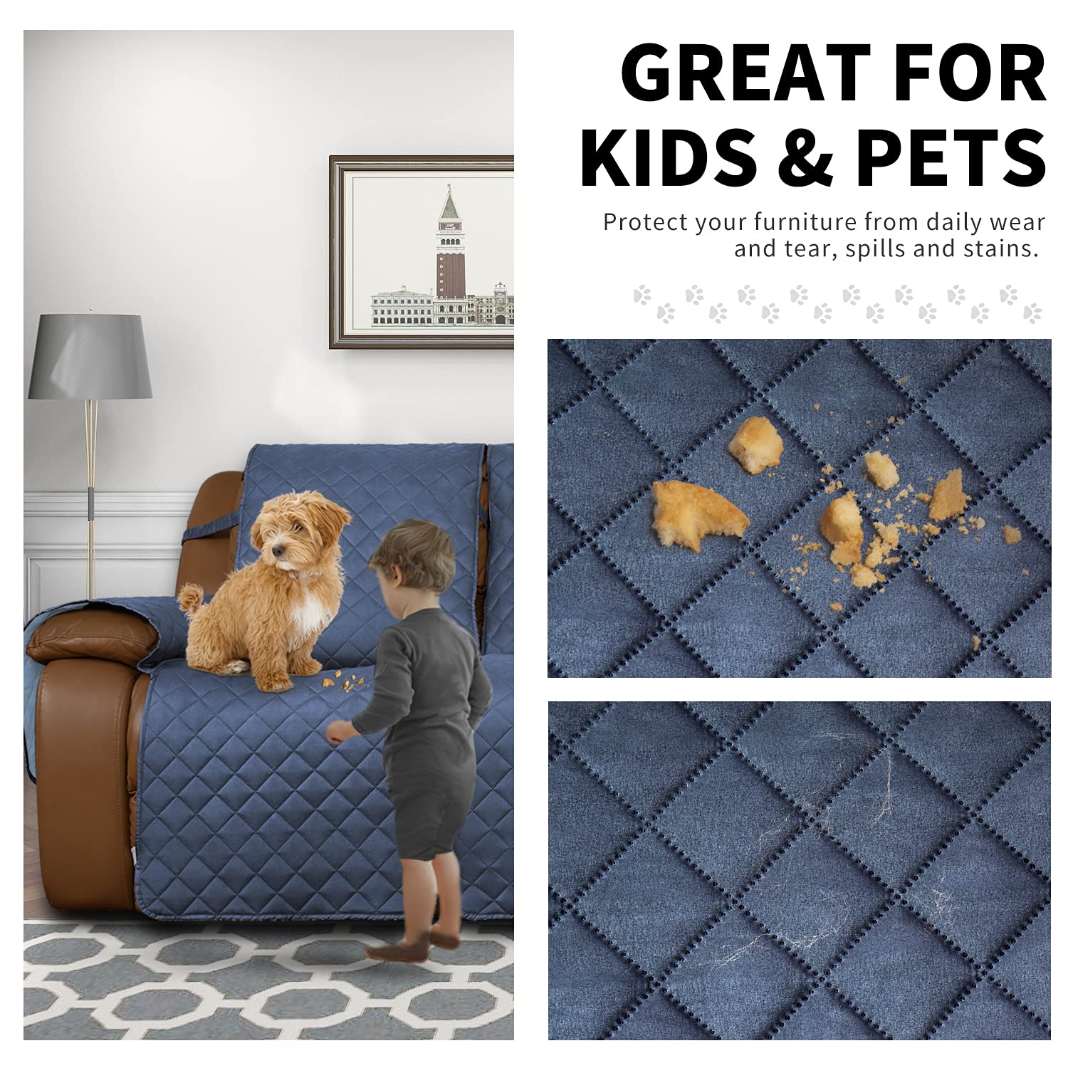 Easy-Going Recliner Sofa Cover, Reversible Couch Cover For 3 Seat Recliner, Split Sofa Cover For Each Seat, Furniture Protector With Elastic Straps For Kids, Dogs, Pet(3 Seater, Dark Blue/Light Blue)