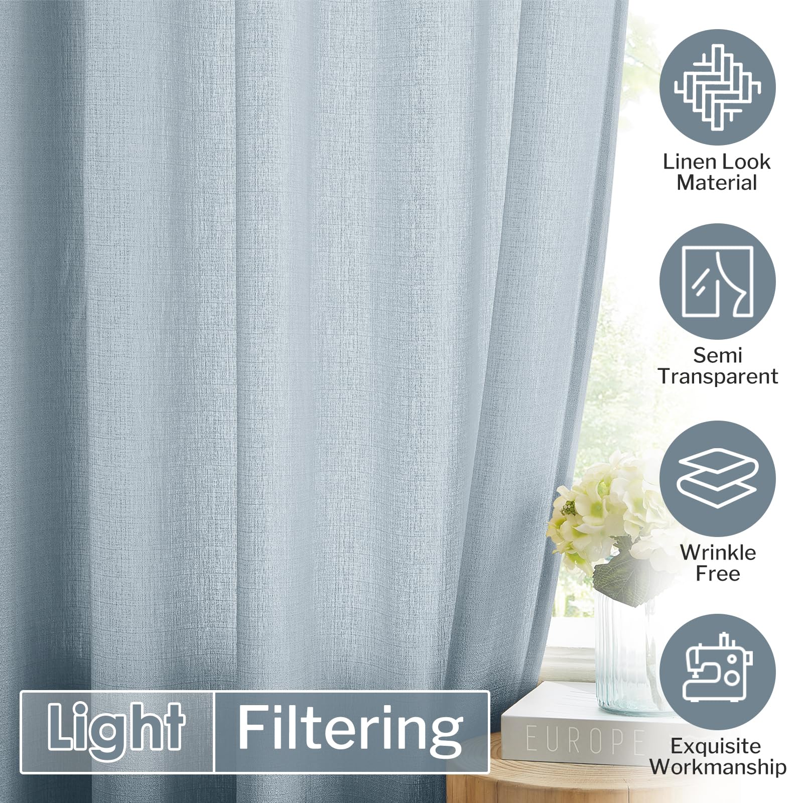 Melodieux Dusty Blue Semi Sheer Curtains 108 Inches Long For Living Room Bedroom, Extra Long Linen Look Rustic Rod Pocket Sheer