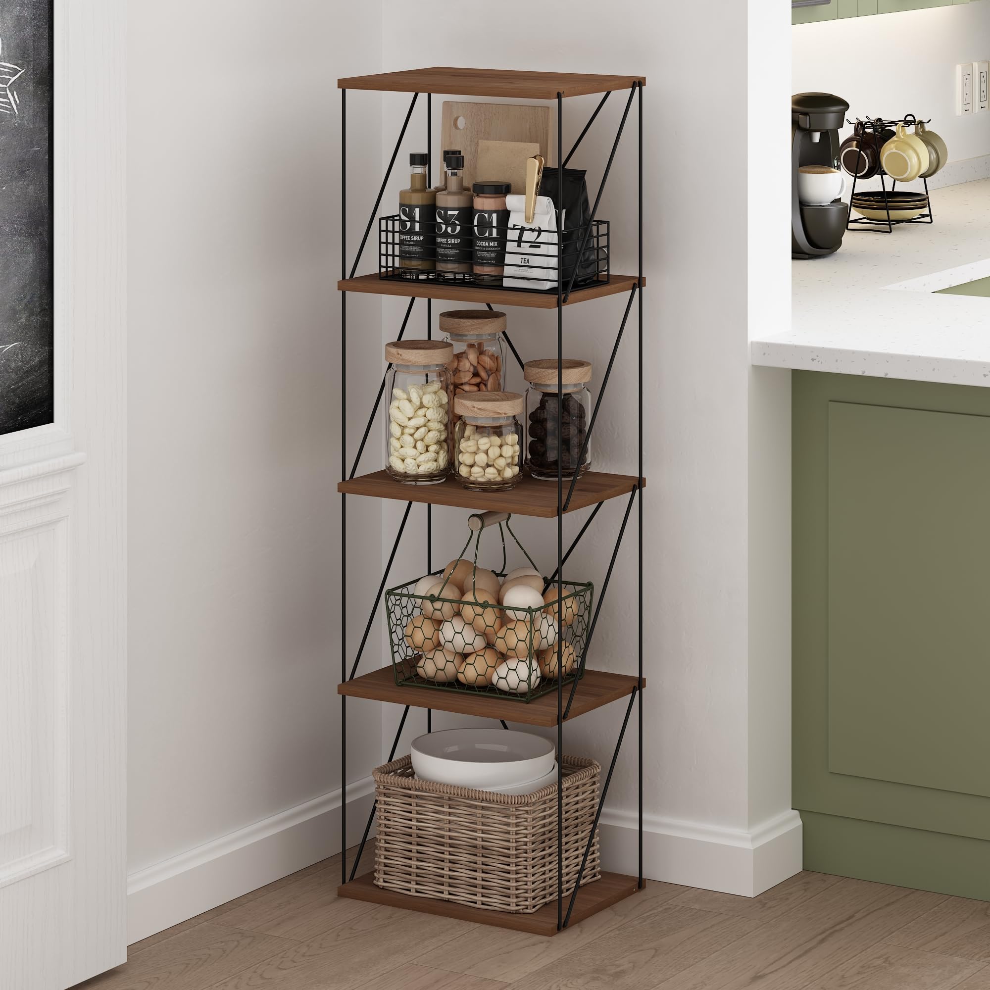 Furinno Rata 5-Tier Industrial Multipurpose Flat Base Shelf Display Rack with Metal Frame, Narrow, Columbia Walnut