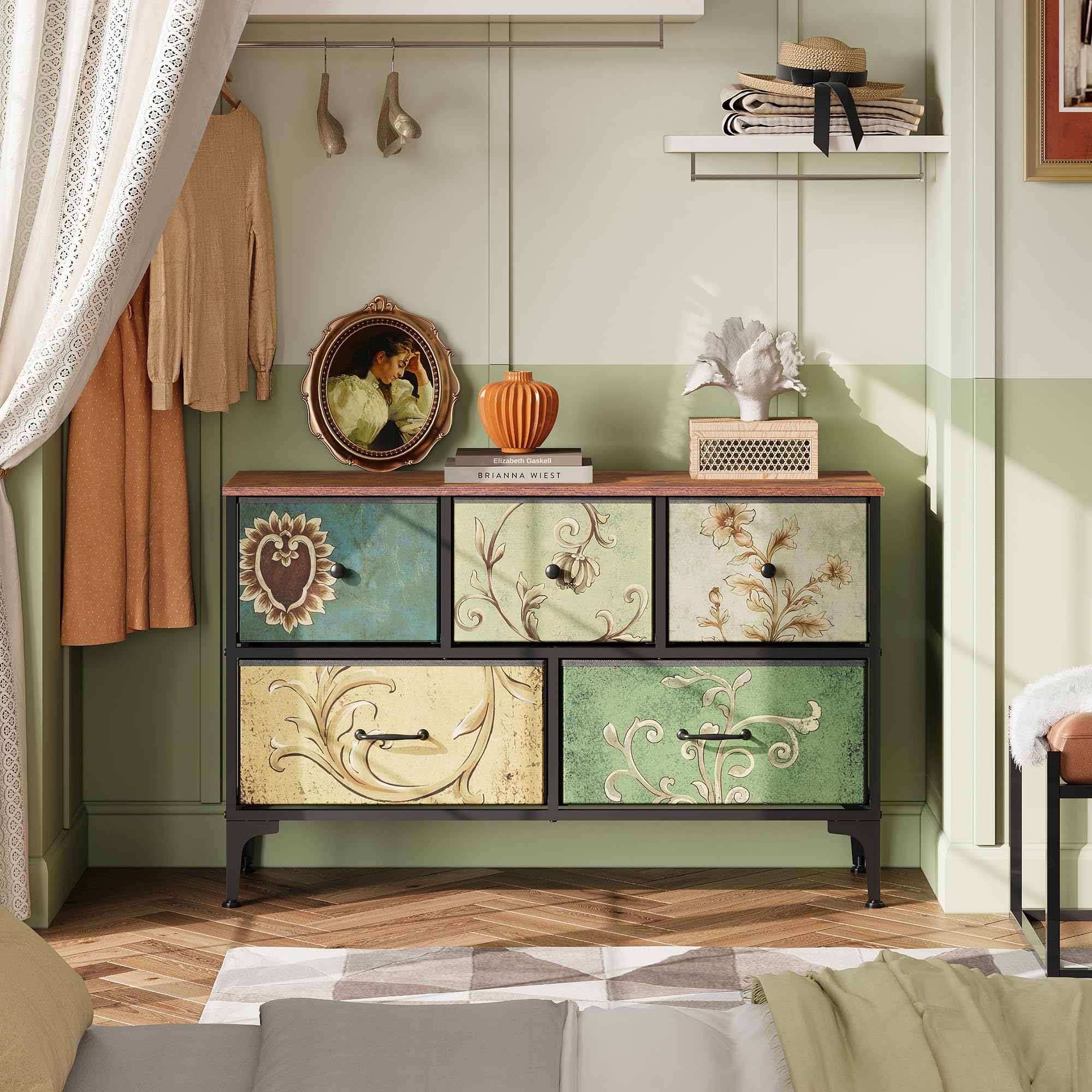Wlive Dresser For Bedroom With 5 Drawers, Wide Chest Of Drawers, Fabric Dresser, Storage Organizer Unit With Fabric Bins For Closet, Living Room, Hallway, Floral Painted