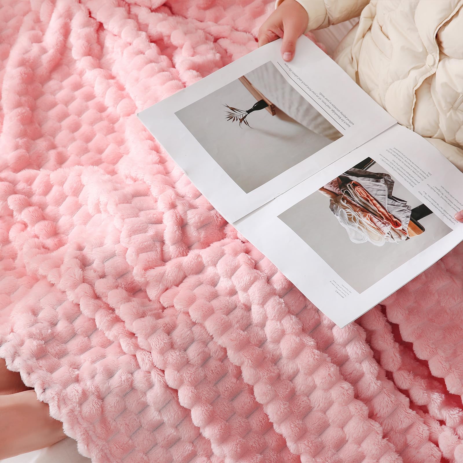Puncuntex Light Pink Throw Blanket 90''  90'' Inches Fuzzy 3D Jacquard Decorative Flannel Fleece Super Soft Plush Cozy Blanket F