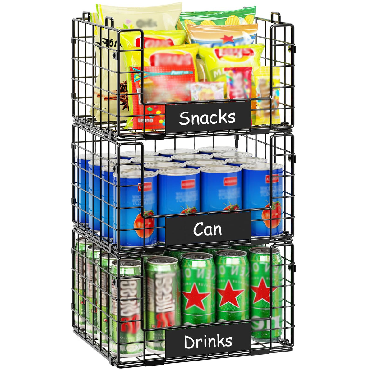 3 Pack XL Stackable Wire Baskets with Handle, Pantry Organizers and Storage