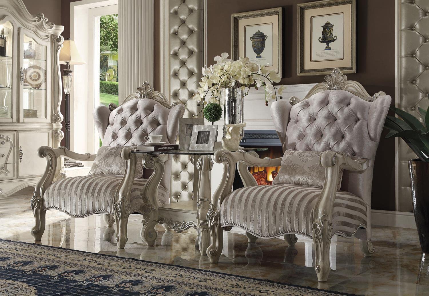 Acme Furniture Versailles Chair with 1 Pillow, Ivory Velvet & Bone White