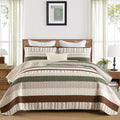 DJY Striped Quilt Set King Size, Boho Brown Green Striped Bedspread Coverlet Set Soft Microfiber Patchwork Quilt Bedding Set 3 P