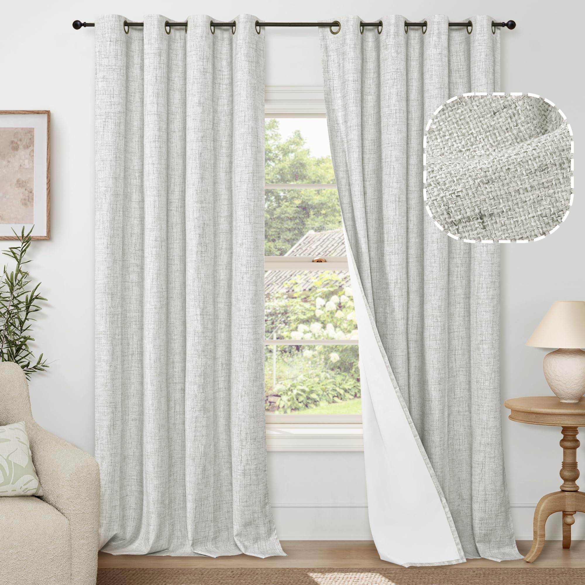 Lajode 100% Blackout Linen Curtains For Living Room 84 Inch Length 2 Panels Set, Faux Linen Thermal Insulated Light Blocking Boh