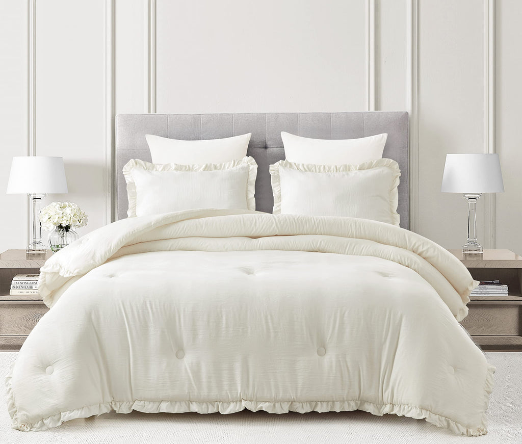 Chezmoi Collection Nora 3-Piece Ruffled Edge Trim Soft Washed Microfiber Comforter Set (Oversized Queen, Ivory)