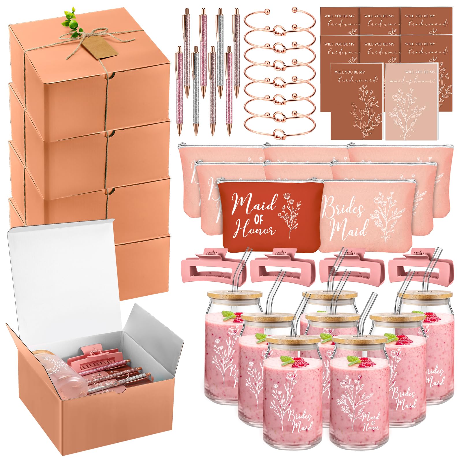 RimCereal 8 Sets/ 80 Pcs Bridesmaid Proposal Gifts Maid of Honor Gifts for Wedding, Include Glass Cup Makeup Bag Glitter Pen Car