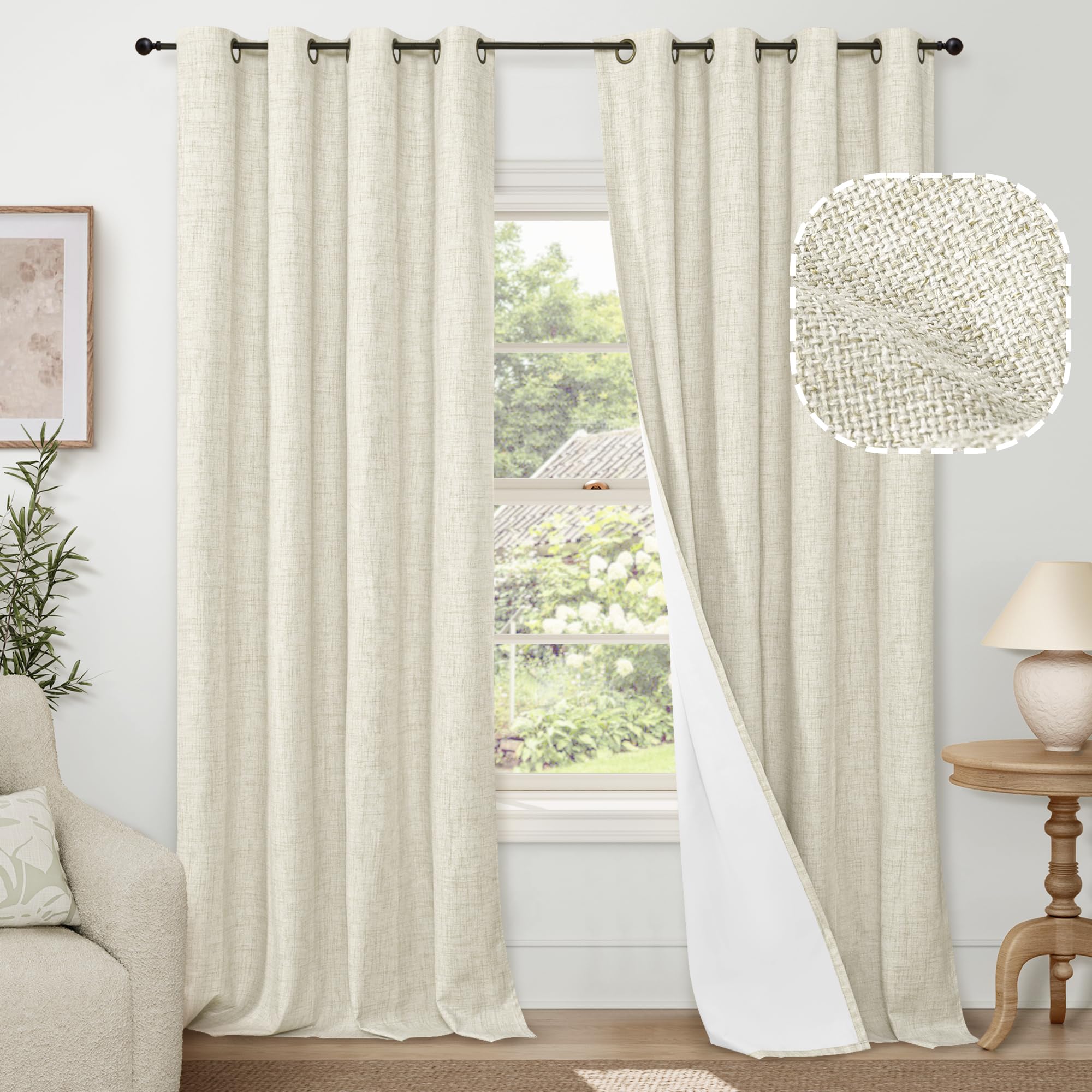 Lajode Linen Blackout Curtains For Living Room/Bedroom 84 Inch Length 2 Panels Set, Textured 100% Black Out Thermal Insulated Br