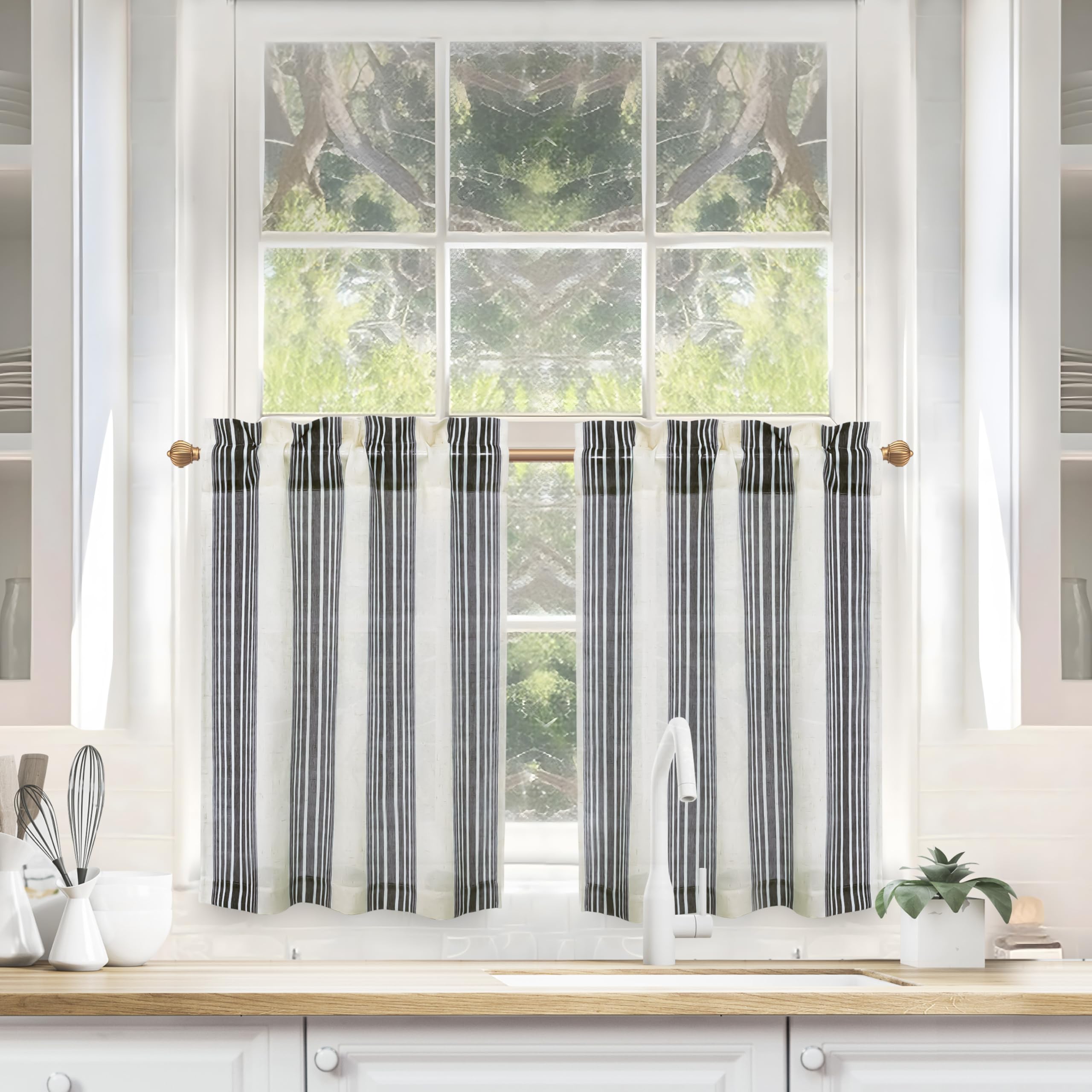 DriftAway Kitchen Curtains Striped Tier Linen Short Curtains Pinstripe Cafe Curtains 36 Inch Length for Living Room Bathroom Chr