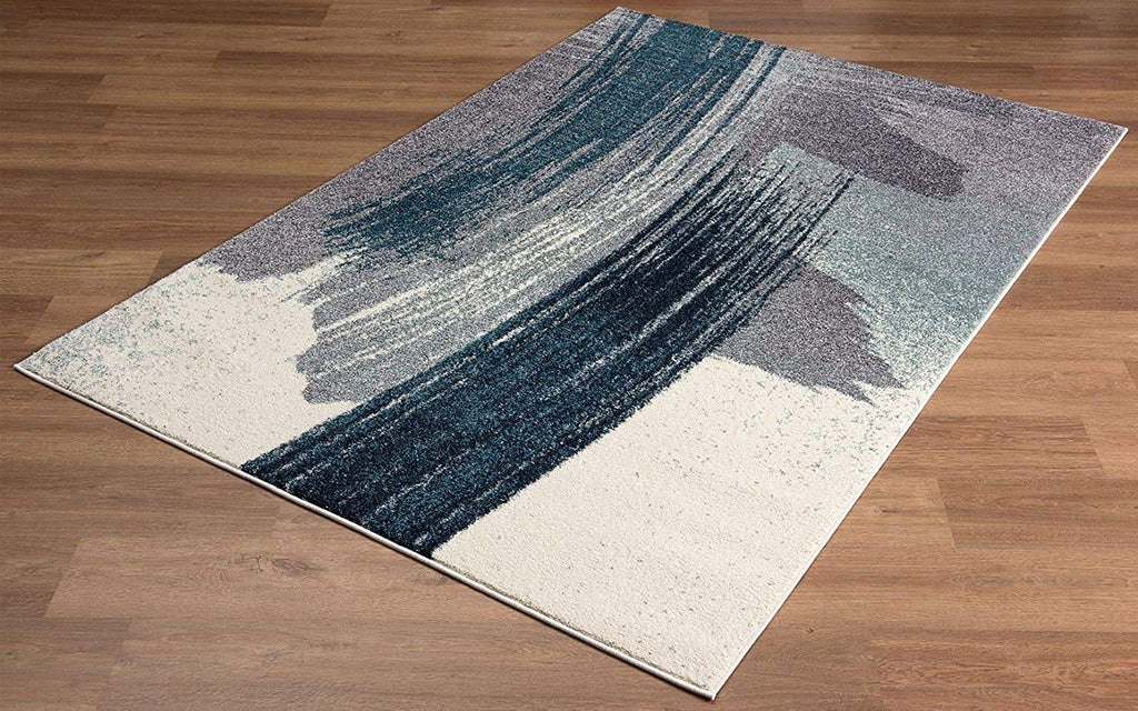 HomeRoots White Blue 100% Twisted Polyester 7â€ x 9â€ White and Blue Abstract Strokes Area Rug