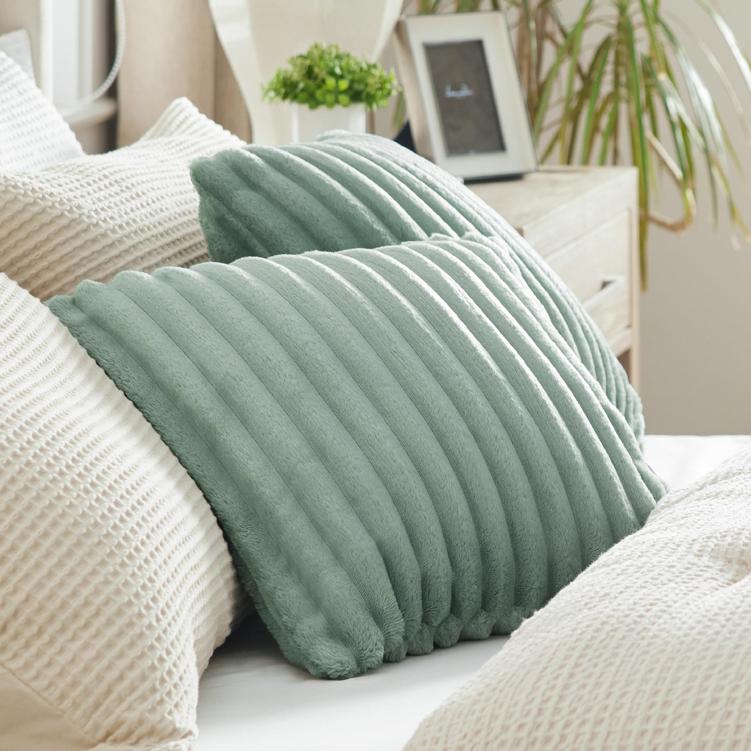 Bedsure Throw Pillow Covers 18X18 Inch - Pack Of 2 Sage Green Luxury Soft Cozy Fluffy, Striped Pillow Covers, Home Decor For Sof