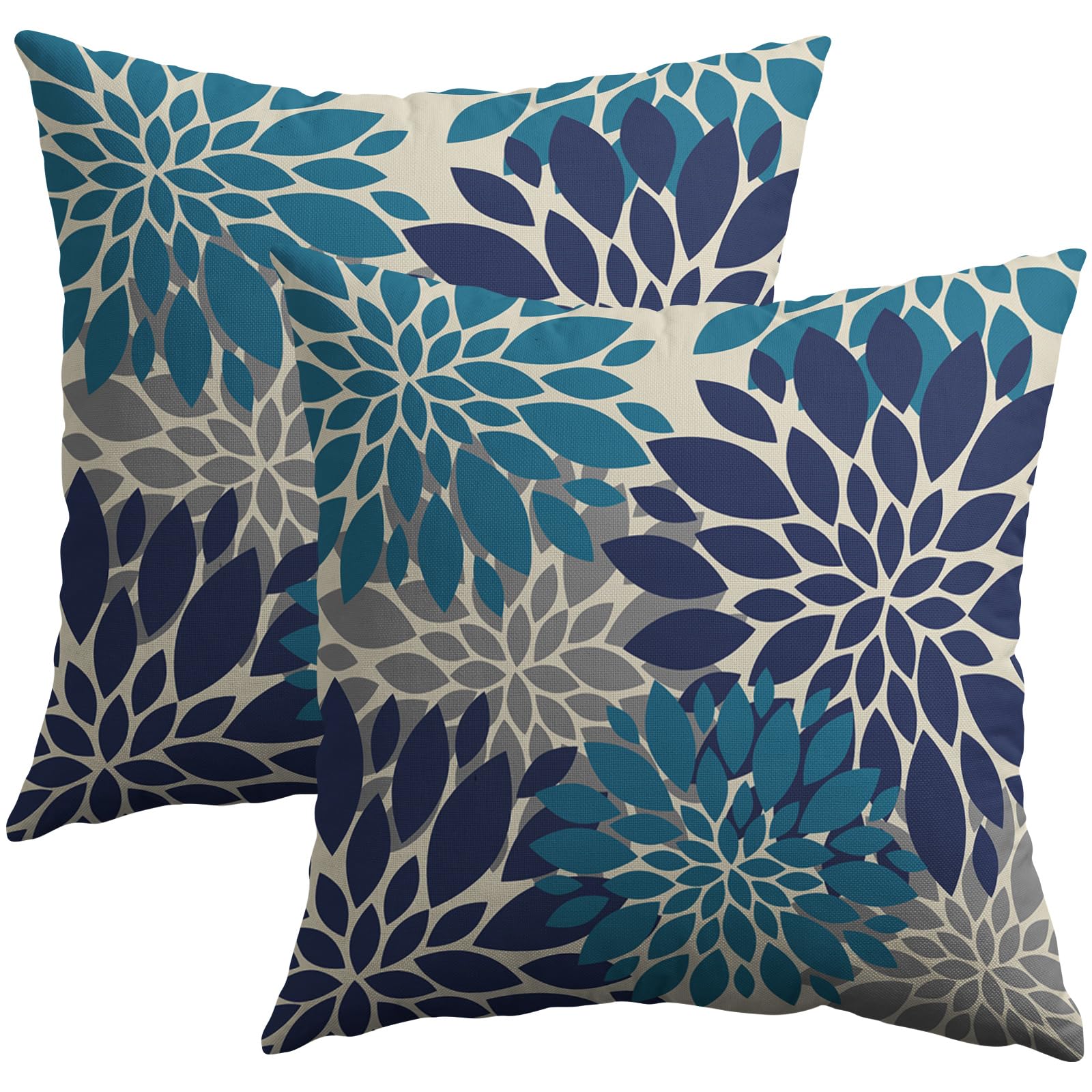 Smozenith Navy Blue Grey Gray Pillow Covers 16X16 Inch Set Of 2, Summer Modern Geometry Dahlia Floral Print Decorative Throw Pil