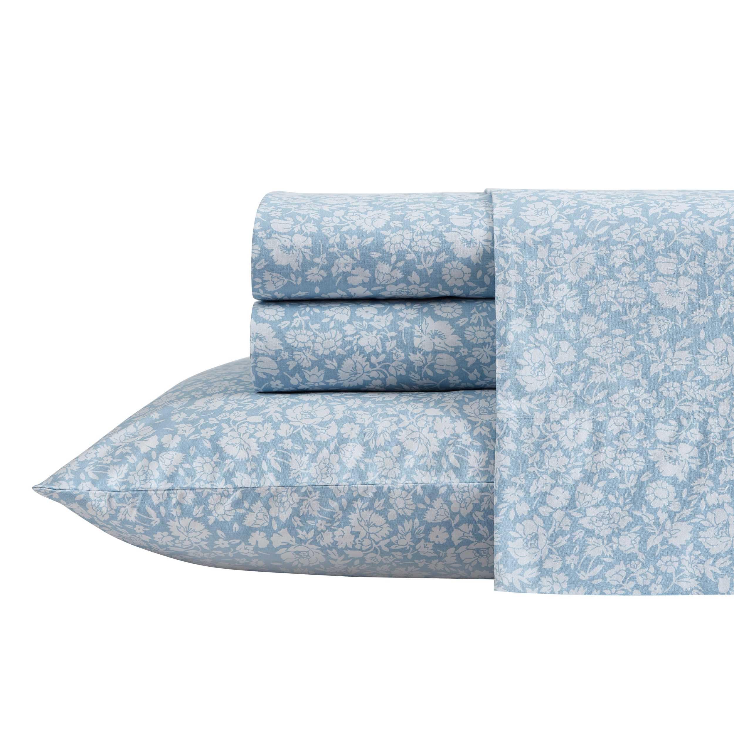 Laura Ashley - Full Sheets, Cotton Percale Bedding Set, Lightweight & Breathable Home Decor (Heirloom Ditzy Blue, Full)