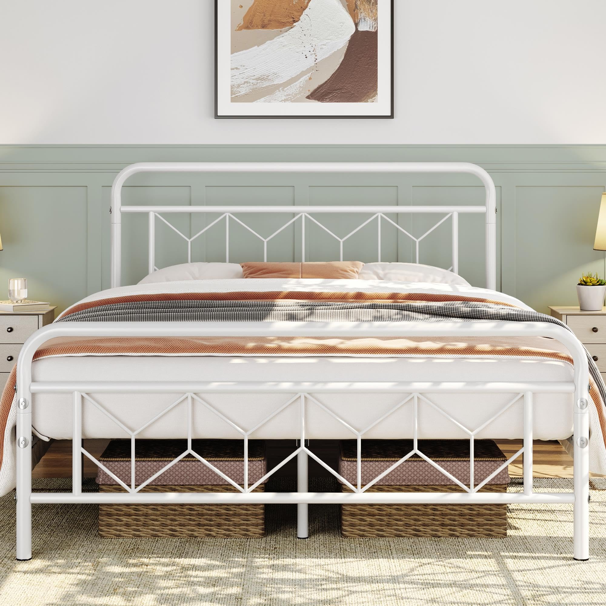 Yaheetech Metal Platform Bed Frame Mattress Foundation with Diamond Pattern Headboard/Footboard/Heavy Duty Steel Slat Support/Un