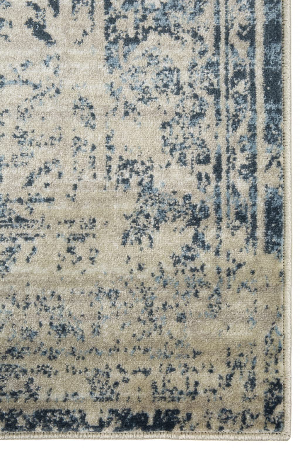 HomeRoots Ivory Heat-Set Polypropelene 5’ x 8’ Beige Blue Distressed Medallion Area Rug