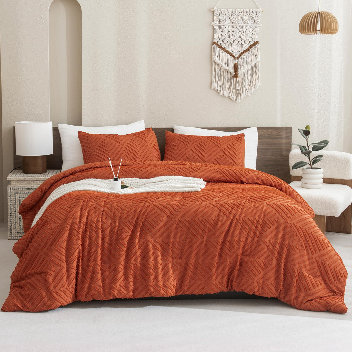 Andency Burnt Orange Queen Size Comforter, Terracotta Boho Fall Lightweight Fluffy Bedding Set & Collections For Queen Bed, 3 Pieces Rust Tufted Design Bed Set (90X90Inches, 2 Pillow Shams)