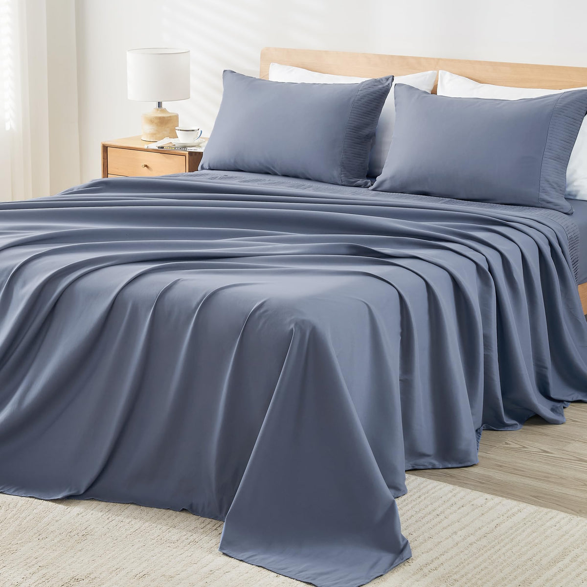 Andency Dark Blue Grey Sheets Queen Set 4 Pieces, Super Soft Sheets For Queen Size Bed, Microfiber Queen Sheet Set, Deep Pocket