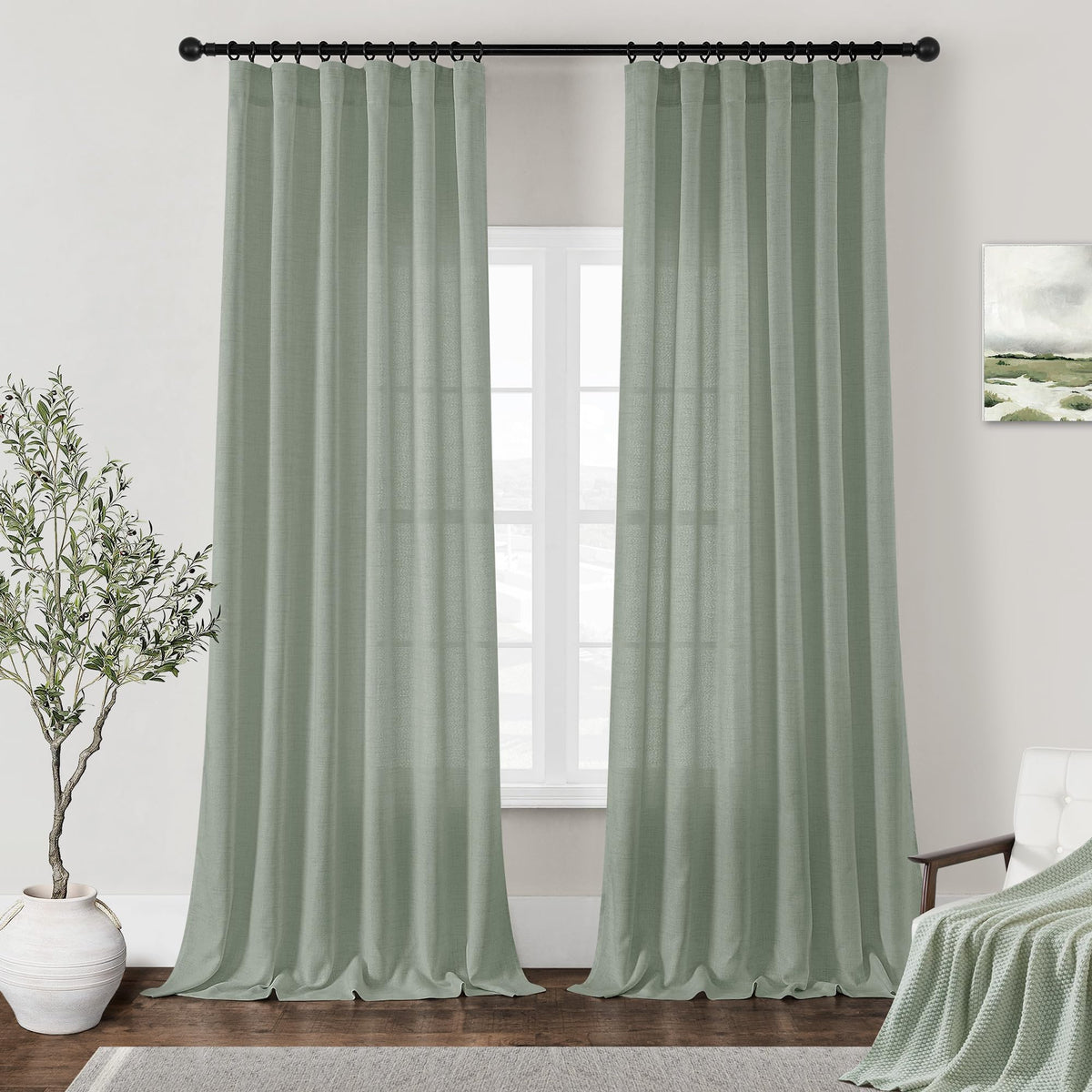 Dukiyo Sage Green Linen Curtains 102 Inches Long For Living Room Bedroom 2 Panels Linen Semi Sheer Drapes Hook Belt Rod Pocket W