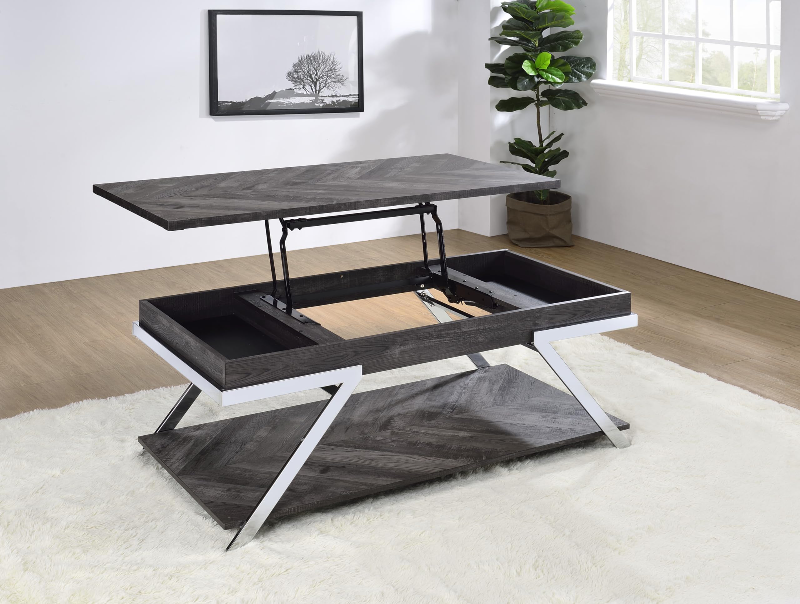 Steve Silver Co Roma Lift-Top Cocktail Table, Living Room, Silvershield® Tops, Undertop Storage Space, Bottom Shelf, Chrome Legs, Contemporary Style, 47.5" D x 24" W x 19.25" H, Black/Chrome