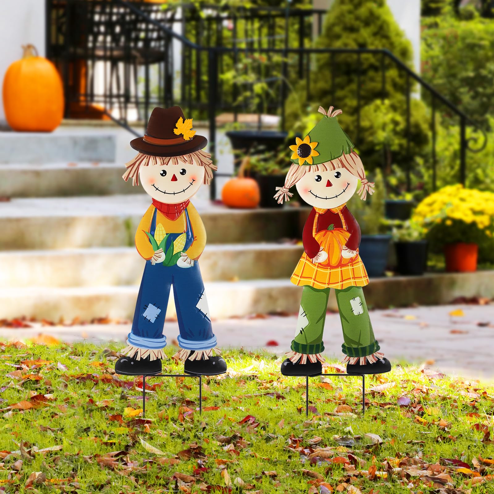 2 Pcs Fall Yard Signs Scarecrow Decorations Outdoor, 30'H Metal Thanksgiving Fall Yard Stakes Scarecrow Lawn Decor, Fall Garden