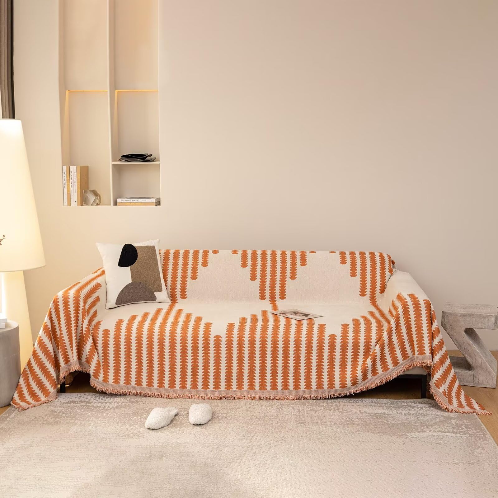 VClife Boho Couch Cover Thick Soft Chenille Caramel Beige Stripe Herringbone Jacquard Sofa Slipcover Futon Cover Loveseat Cover 