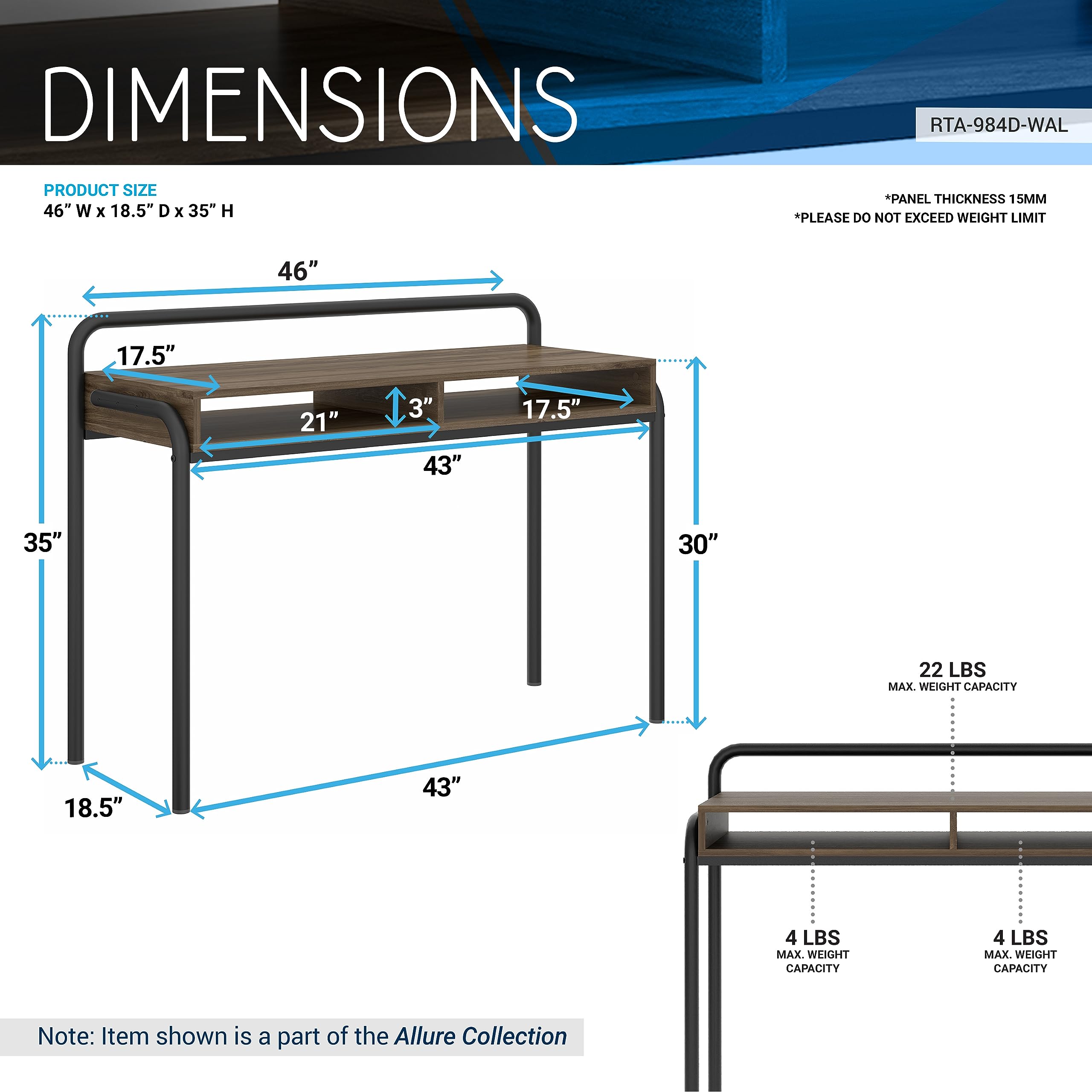 Techni Mobili Modern Office Desk with Storage - 46 Inch Classic Writing Table with 2 Open Shelves for Easy Access - Industrial Walnut Desk with Scratch Resistant Steel Frame Allure Collection
