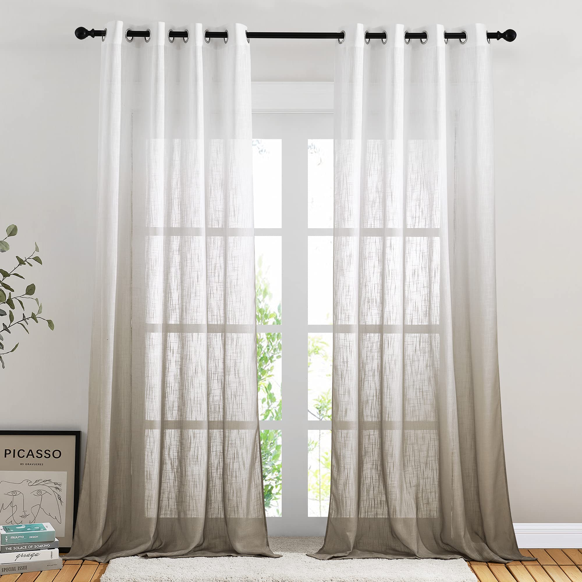 Nicetown Ombre Taupe Curtains Extra Long 95' L For Bedroom, Decorative Grommet Sheer Linen Window Curtains Vertical Drapes Priv