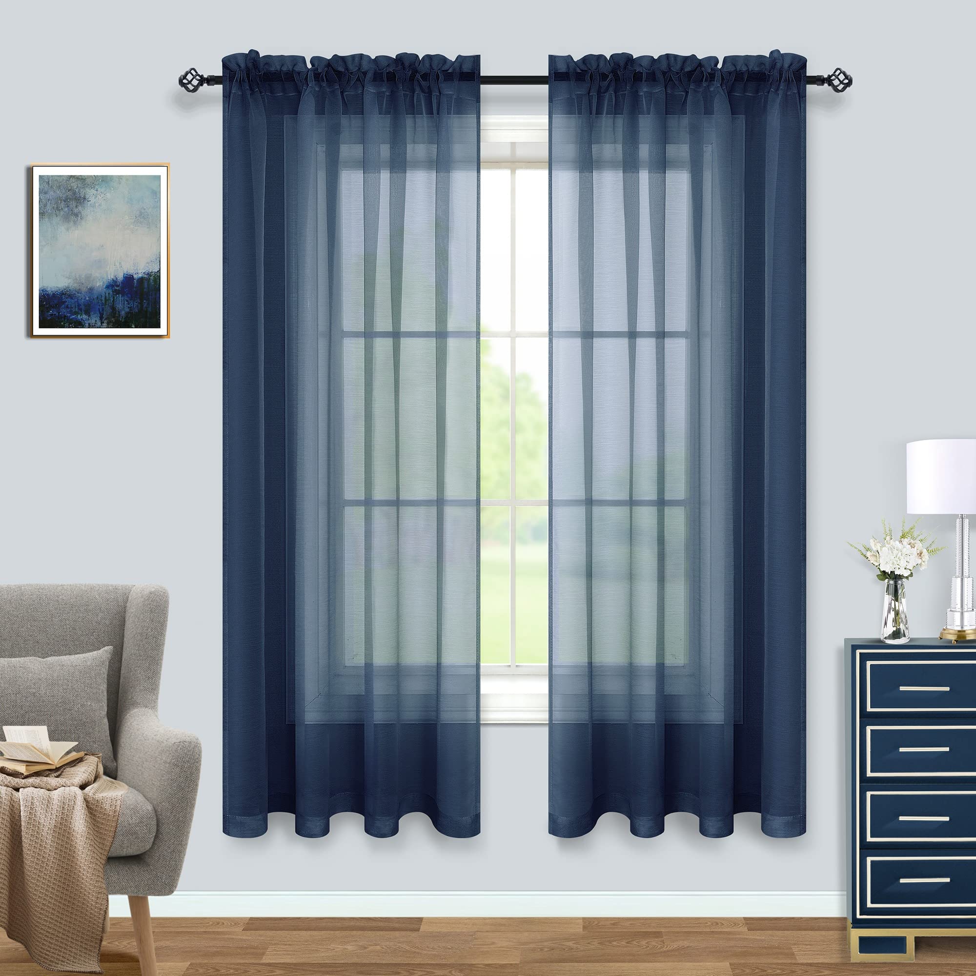 72 Inch Length Navy Blue Sheer Curtains for Bedroom Set of 2 Panels Rod Pocket Masculine Coastal Beach Nautical Decor Indigo Dar