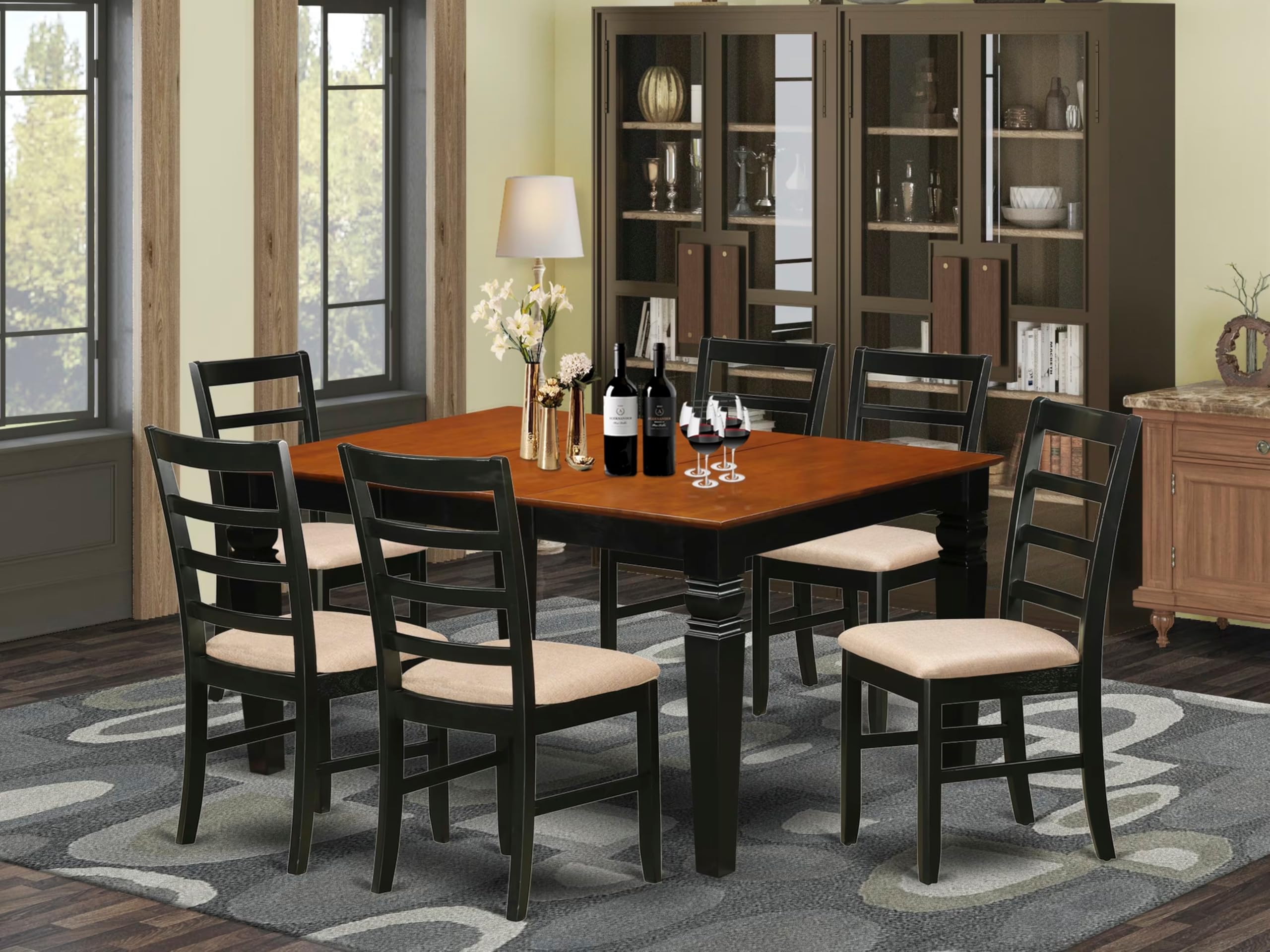East West Furniture WEPF7-BCH-C 7 Piece Dining Set Consist of a Rectangle Dining Room Table with Butterfly Leaf and 6 Linen Fabric Upholstered Chairs, 42x60 Inch, Black & Cherry