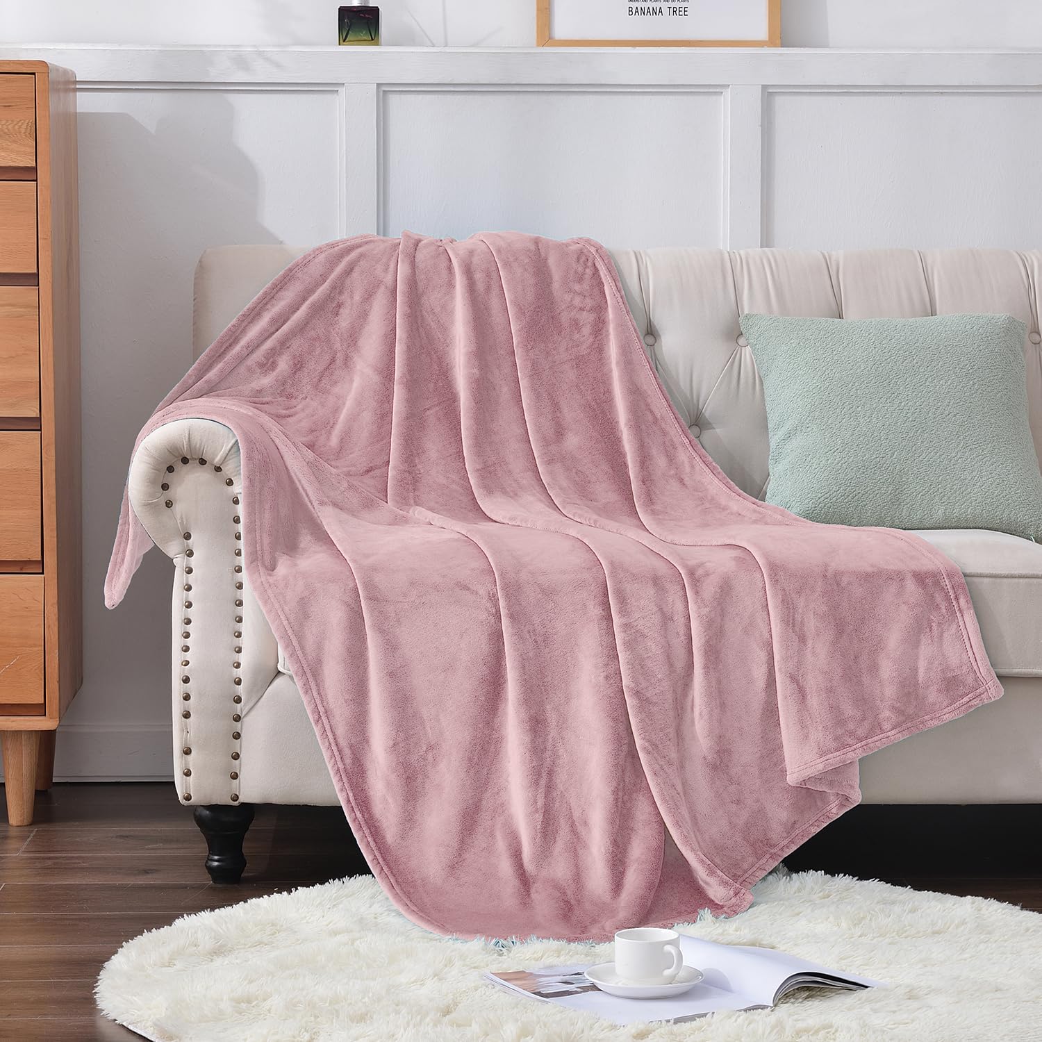 Sochow Flannel Fleece Throw Blanket, 340 Gsm All Season Super Soft Cozy Blanket For Bed, Sofa Or Couch, Dusty Pink, 50X70 Inches