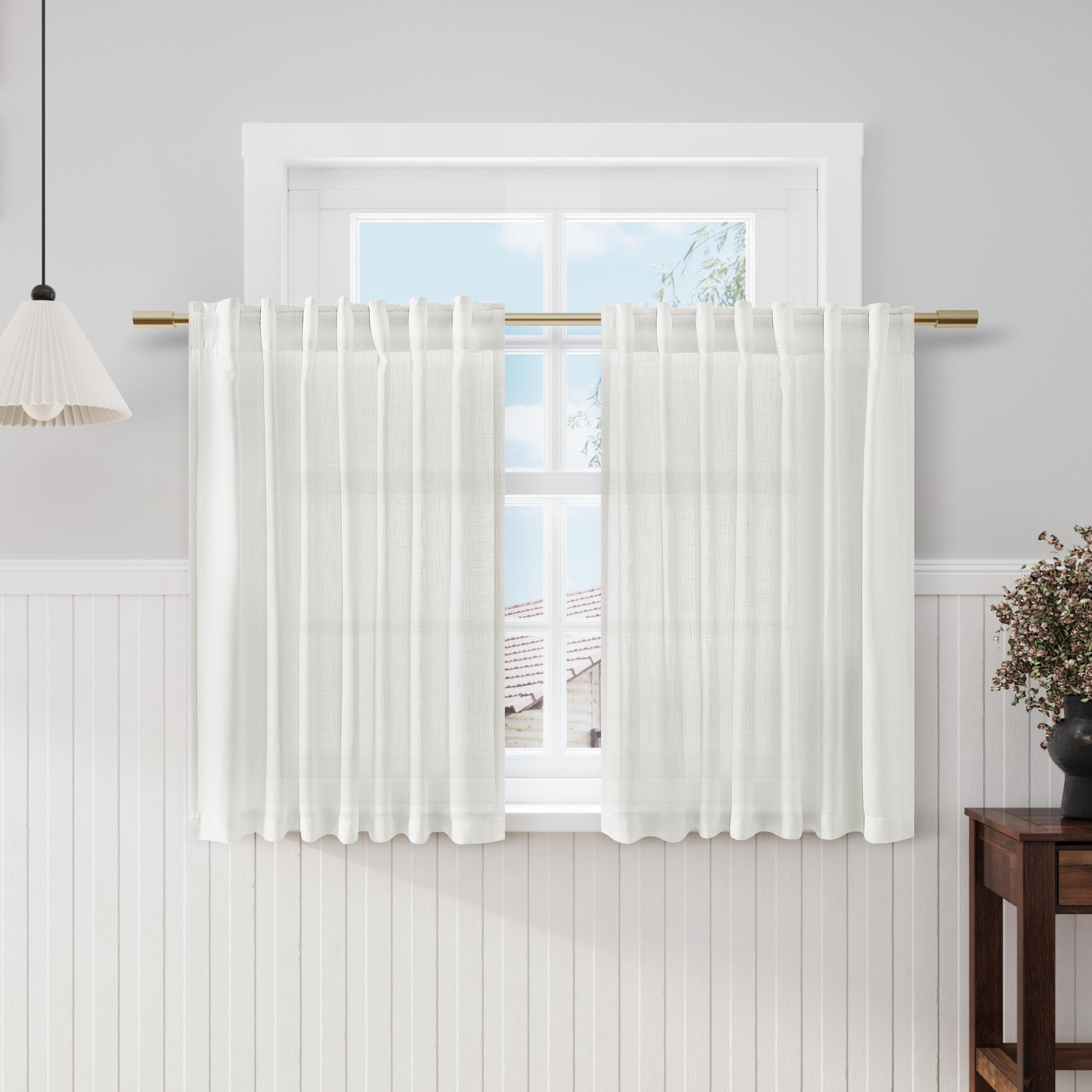 Nanspring Off White Cafe Curtains 48 Inch Length Set 2 Panel Back Tab Pocket Semi Sheer Short Linen White Curtain Tiers For Smal