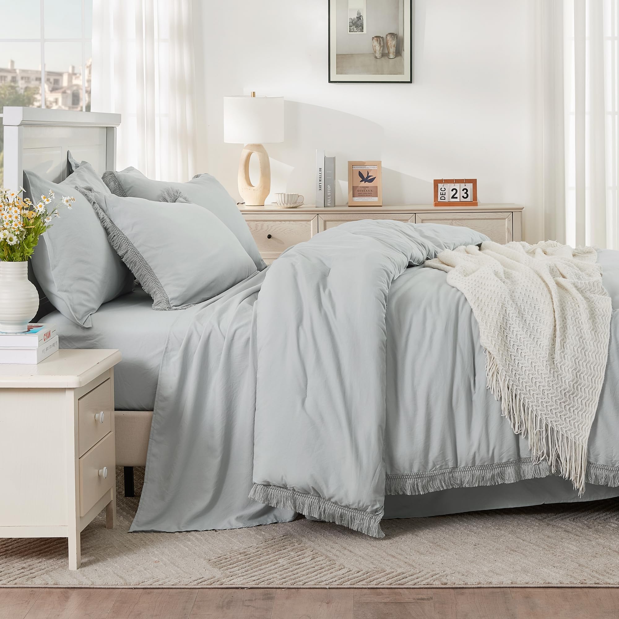 Andency Light Grey Full Size Comforter Set With Sheets - 7 Pieces Boho Tassel Bed In A Bag Soft Lightweight Bedding Sets, Light Grey Fringe Bed Set With Comforter, Sheets, Pillowcases & Shams