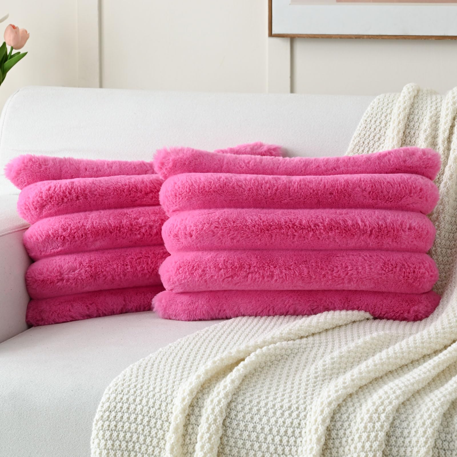 Futei Hot Pink Decorative Throw Pillow Covers 12X20 Inch Set Of 2, Square Soft Faux Rabbit Fur Big Striped Cushion Cover,Home De