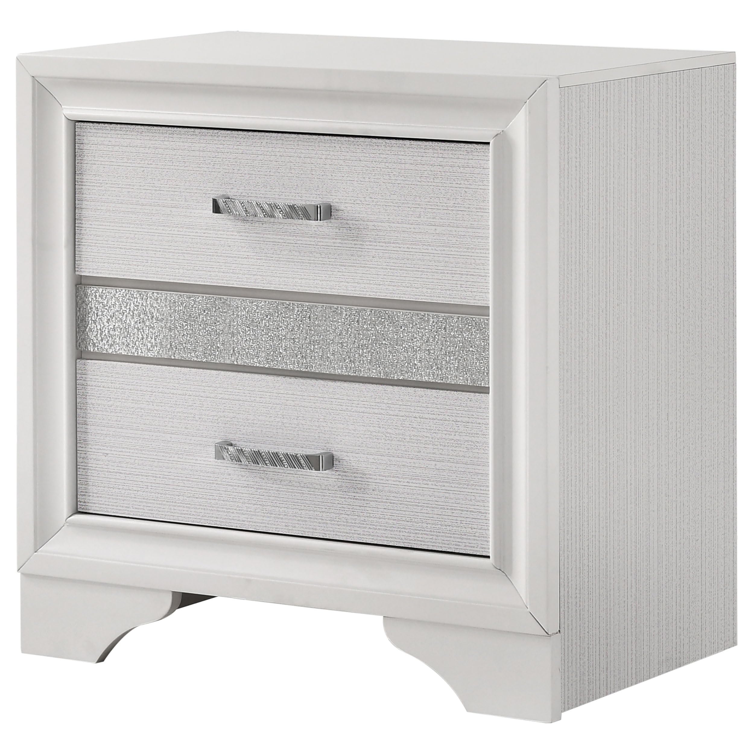 Coaster Home Furnishings Miranda 2-Drawer Bedroom Nightstand Modern Glam Wood Bedside Table Decorative Crystal Acrylic Trim Chrome Handles White 205112