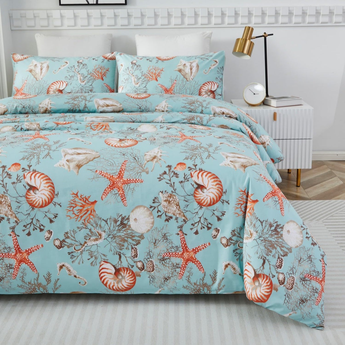 Brandream Luxury Nautical Bedding Coastal Beach Bedding Sets King Size 100% Egyptian Cotton Duvet Cover Set 3-Piece (No Comforte