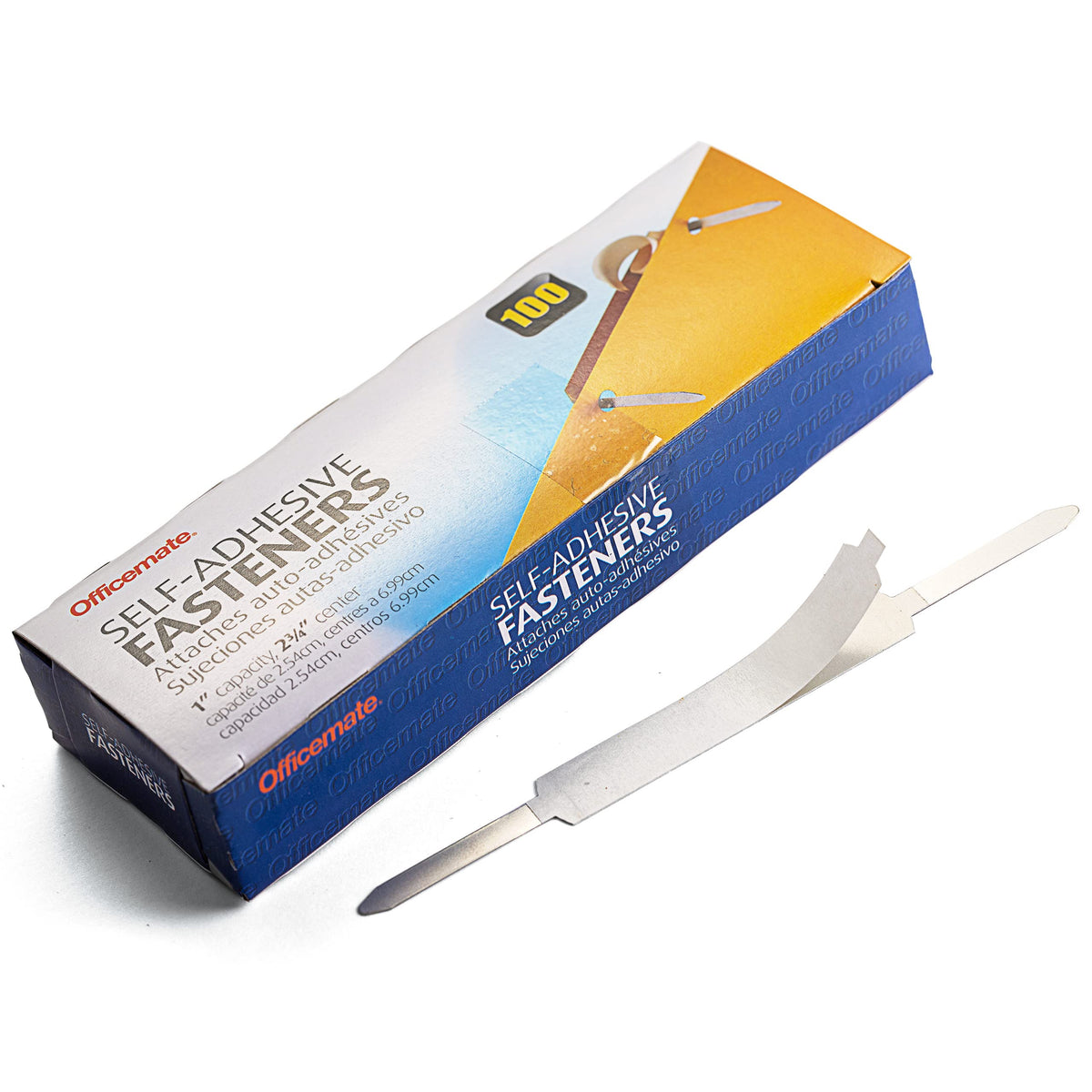 Officemate Self Adhesive Prong Paper Fasteners, Matte Steel Finish, 1 Inch Capacity, 2.75 Inch Base, Box Of 100 (99857)