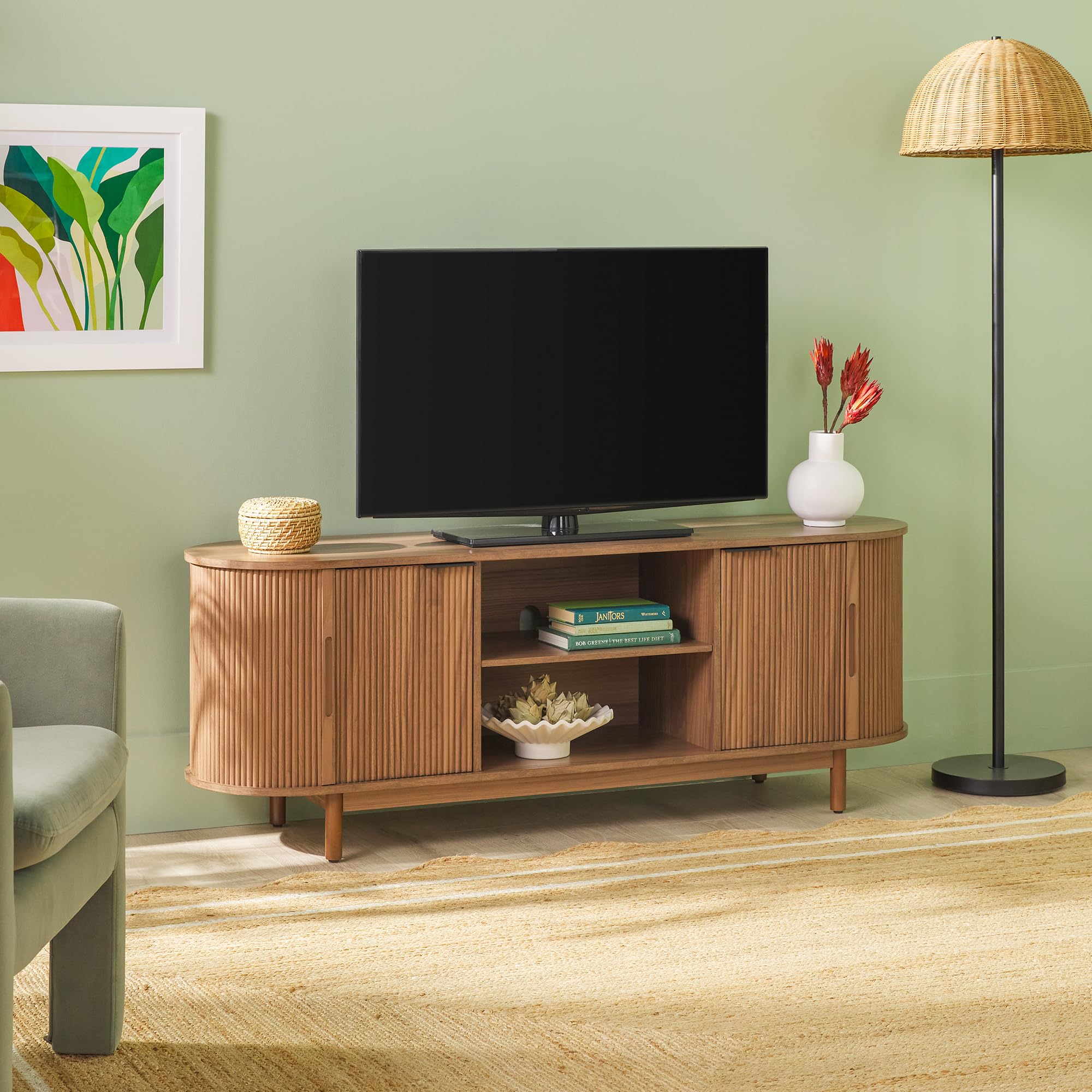 Walker Edison Modern Curved Reeded Tv Stand For Tvs Up To 65 Inches, Credenza With Sliding Doors And Adjustable Shelves, Tv Stand With Cord Management Cutout, 60 Inch, Mocha