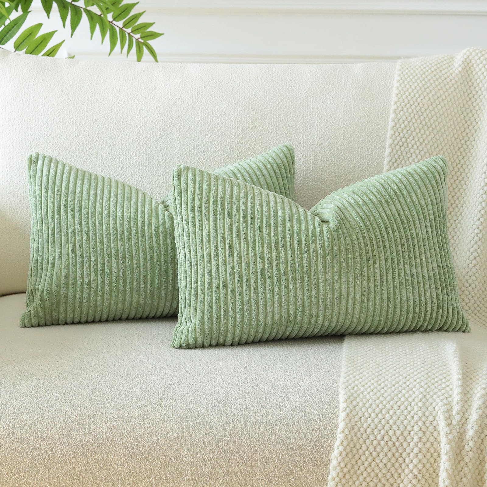 Otostar Boho Decorative Throw Pillow Covers 16 X 24 Inch Soft Corduroy Solid Striped Pillow Covers Lumbar Cushion Case Couch Pillowcases For Sofa Bed Home Decor Pack Of 2 (Sage Green)