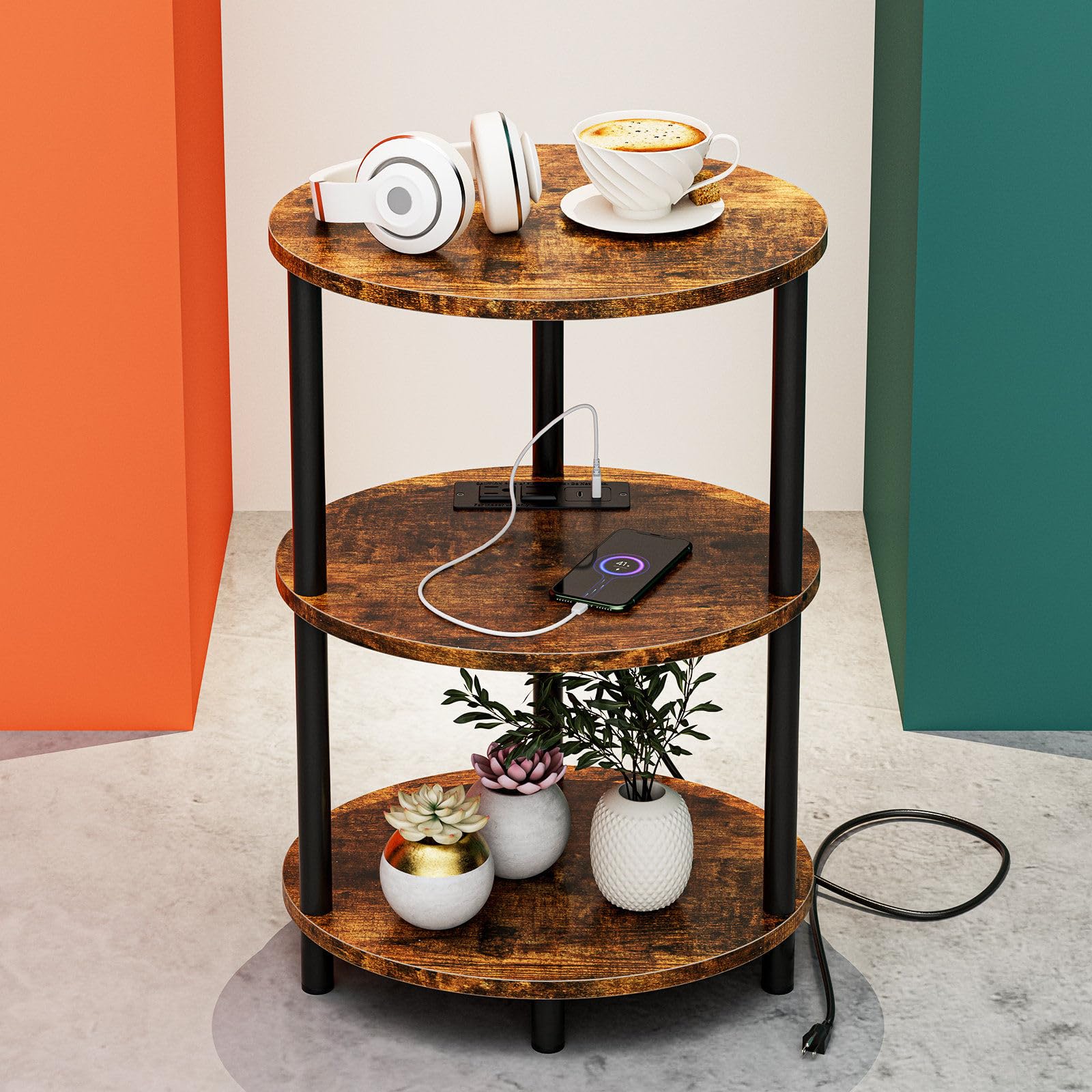 RISWER Small Round Side Table - 3-Tier Oval Accent Table for Small Spaces, Rustic Wood and Metal Nightstand for Living Room or B