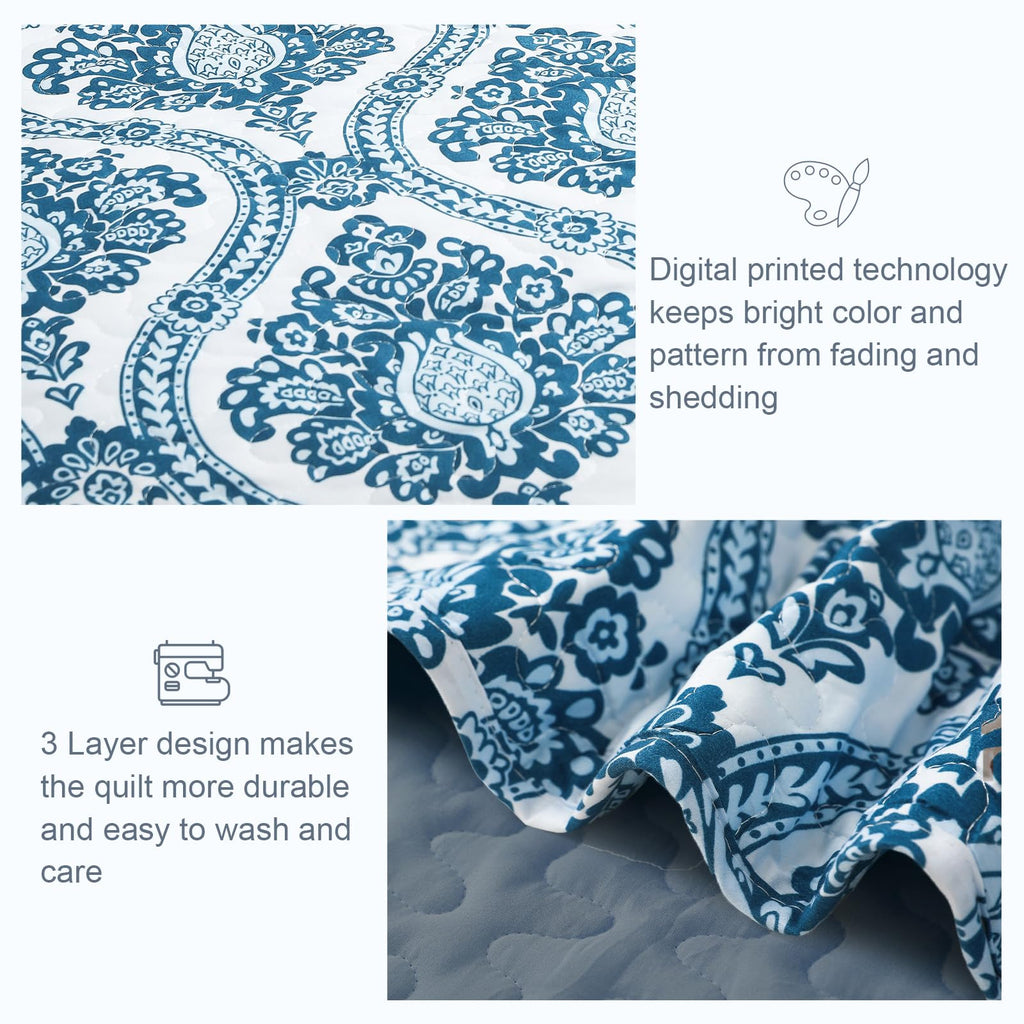 Exclusivo Mezcla Reversible Boho Quilt Set Queen Size, 3 Pieces Damask Blue All Season Bedspreads, Ultra Soft Floral Coverlet Be