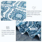 Exclusivo Mezcla Reversible Boho Quilt Set Queen Size, 3 Pieces Damask Blue All Season Bedspreads, Ultra Soft Floral Coverlet Be