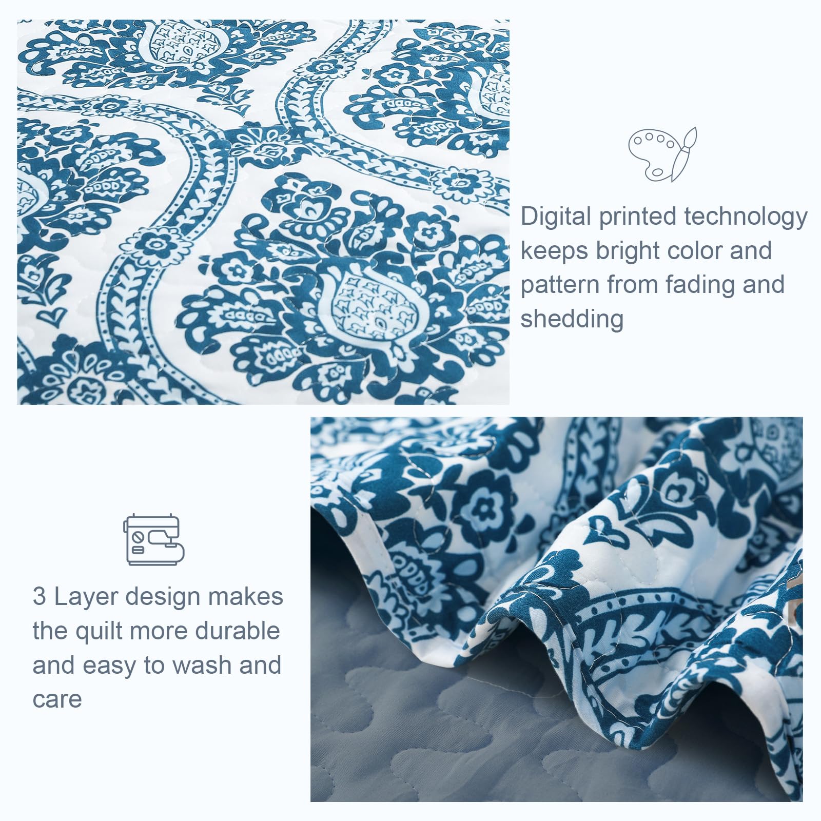 Exclusivo Mezcla Reversible Boho Quilt Set Queen Size, 3 Pieces Damask Blue All Season Bedspreads, Ultra Soft Floral Coverlet Be